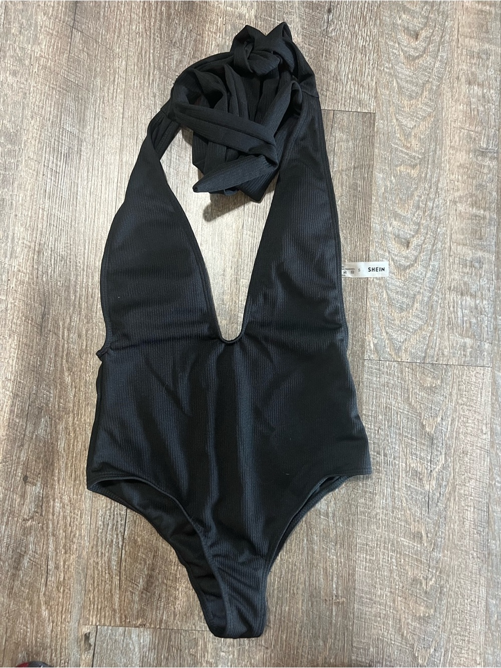 SHEIN Black Ribbed Plunge Halter One-Piece Bathing Suit